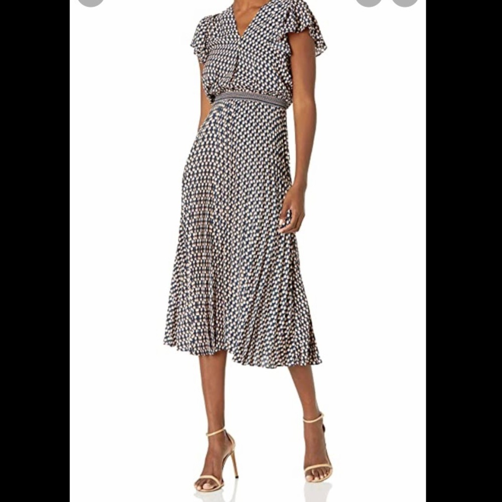 MAX STUDIO Flutter Sleeve Pleated Skirt Printed Midi Dress